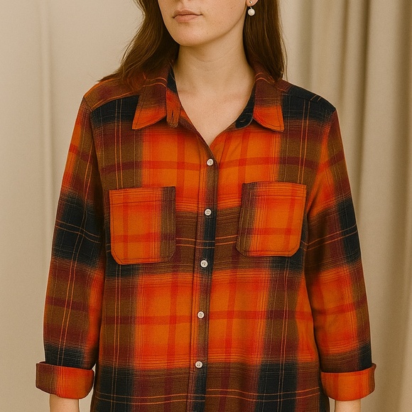Mossimo Women's Orange/Navy Plaid Oversized Button Up - Picture 3 of 9
